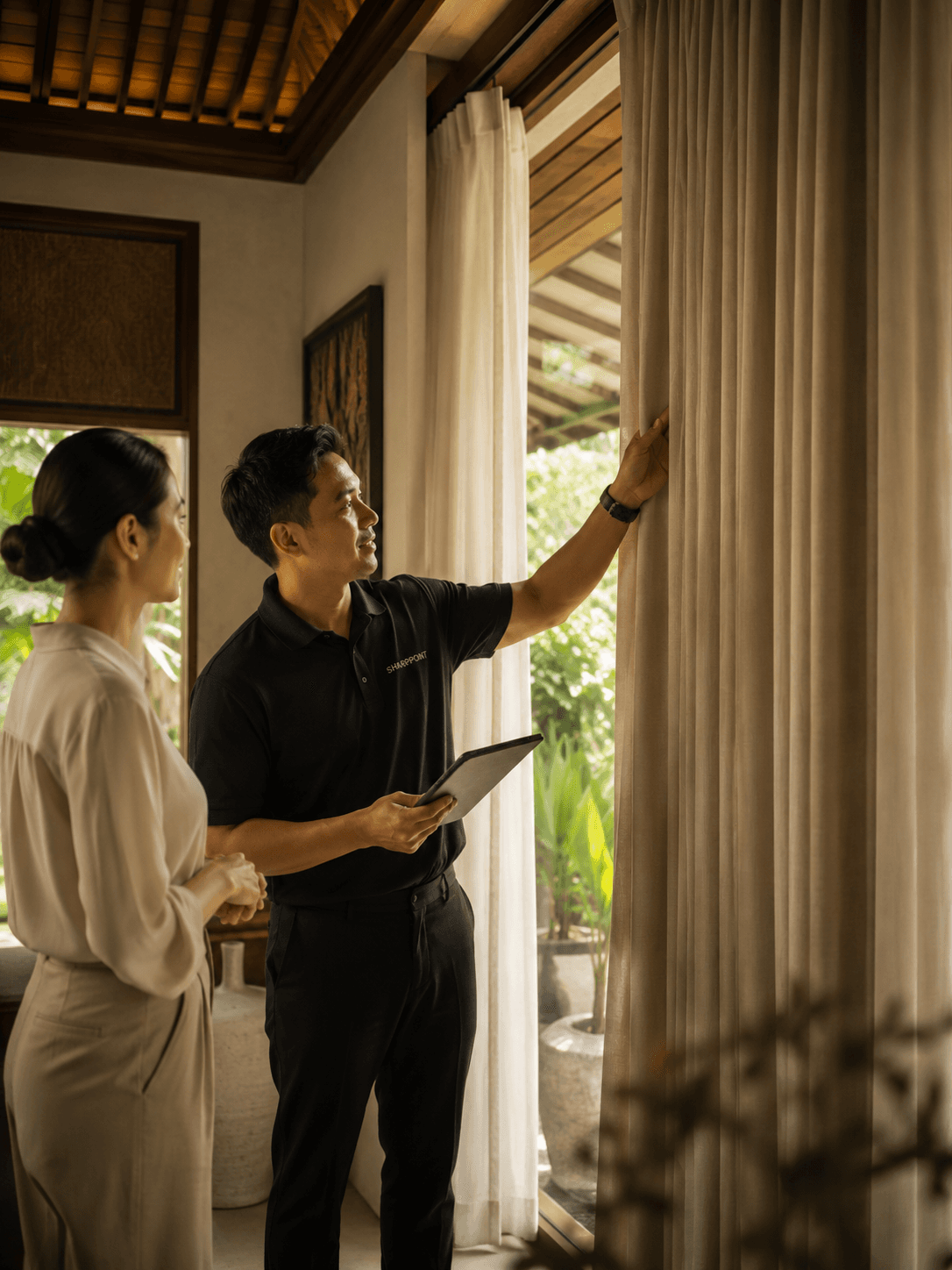 SharpPoint specialist reviewing curtain finish and fabric quality after installation