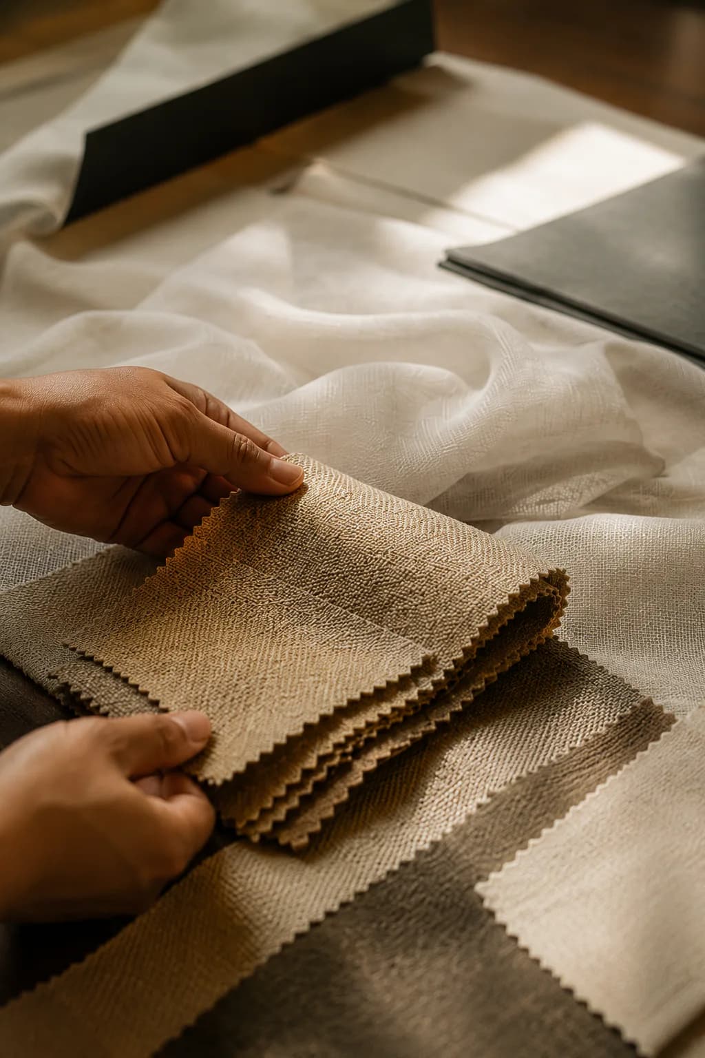 Hands selecting premium curtain fabric samples