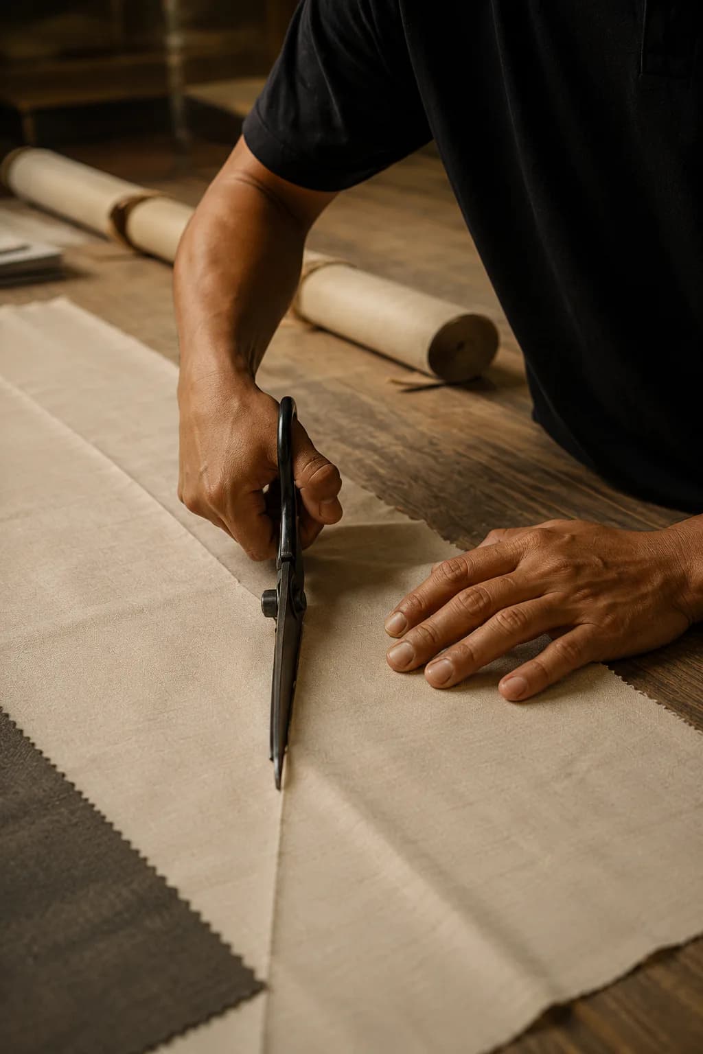 Craftsperson precisely cutting curtain fabric