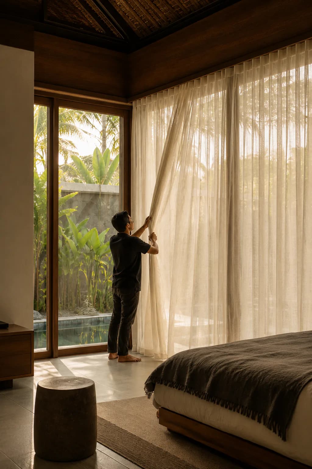 Final curtain installation inside a tropical Bali villa