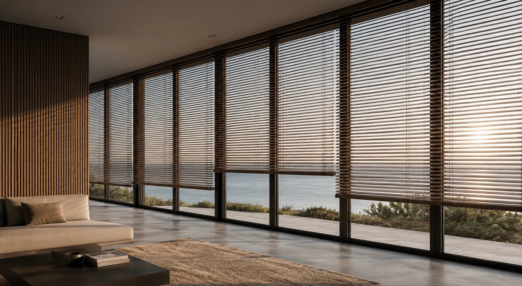 Sheer curtains framing a tropical villa terrace and ocean view at golden hour in Bali
