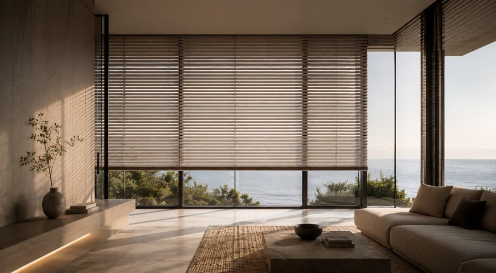 Warm tropical interior where sheer curtains shape natural light and frame the Bali coast